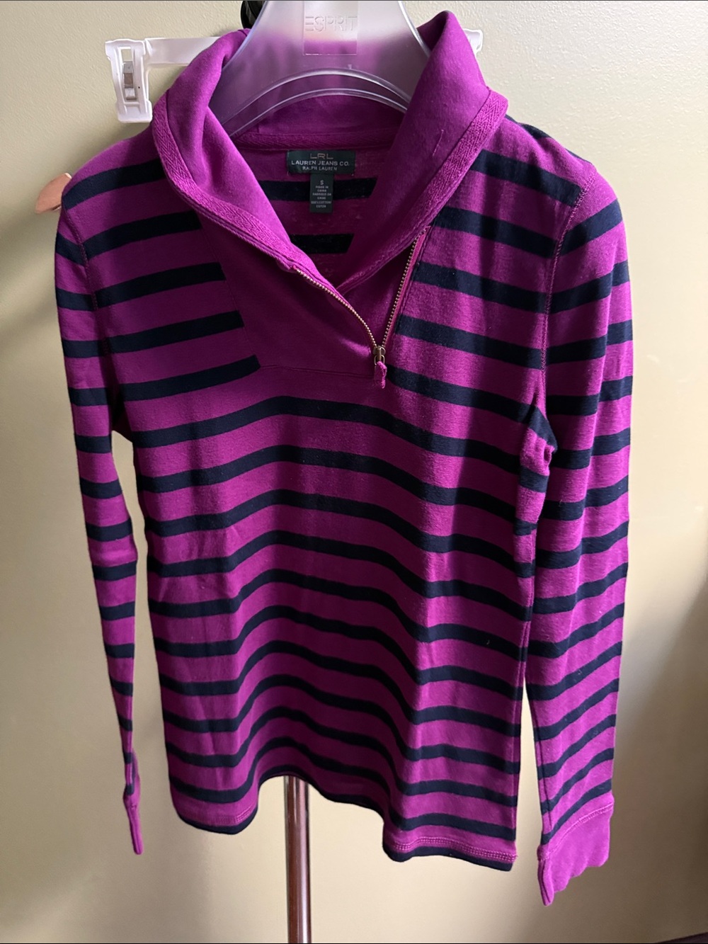 Polo by Ralph Lauren Purple and Black Striped Half-Zip Long Sleeve Top